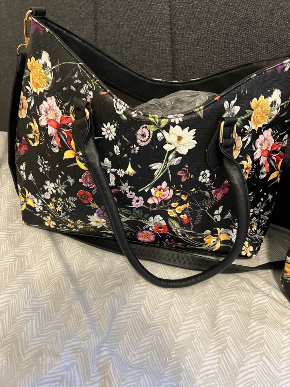 Black Floral Tote and Matching Handbag Set - Picture 3 of 3